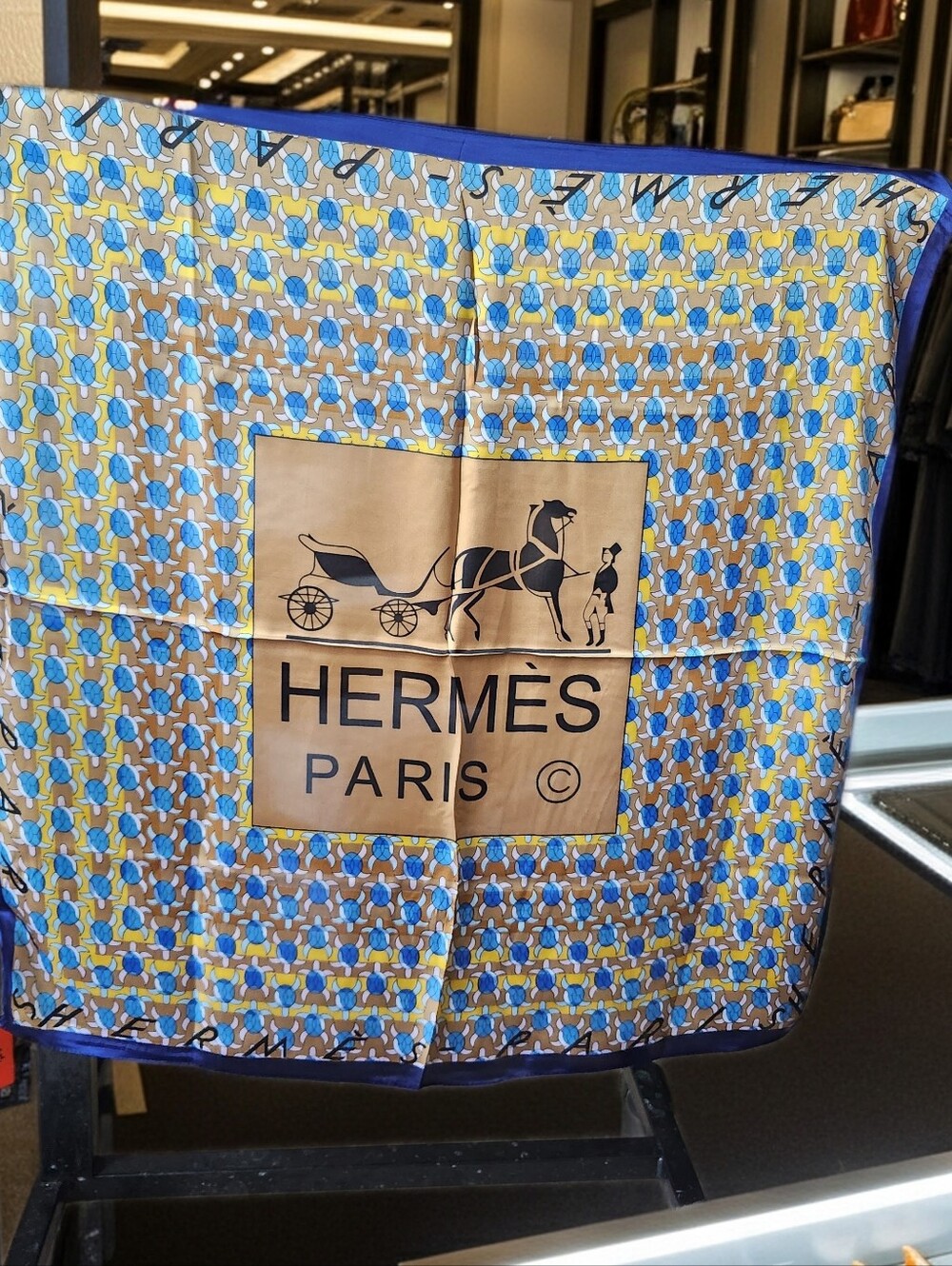 Hermes Blue Beige & Yellow Sea Turtle Silk Scarf